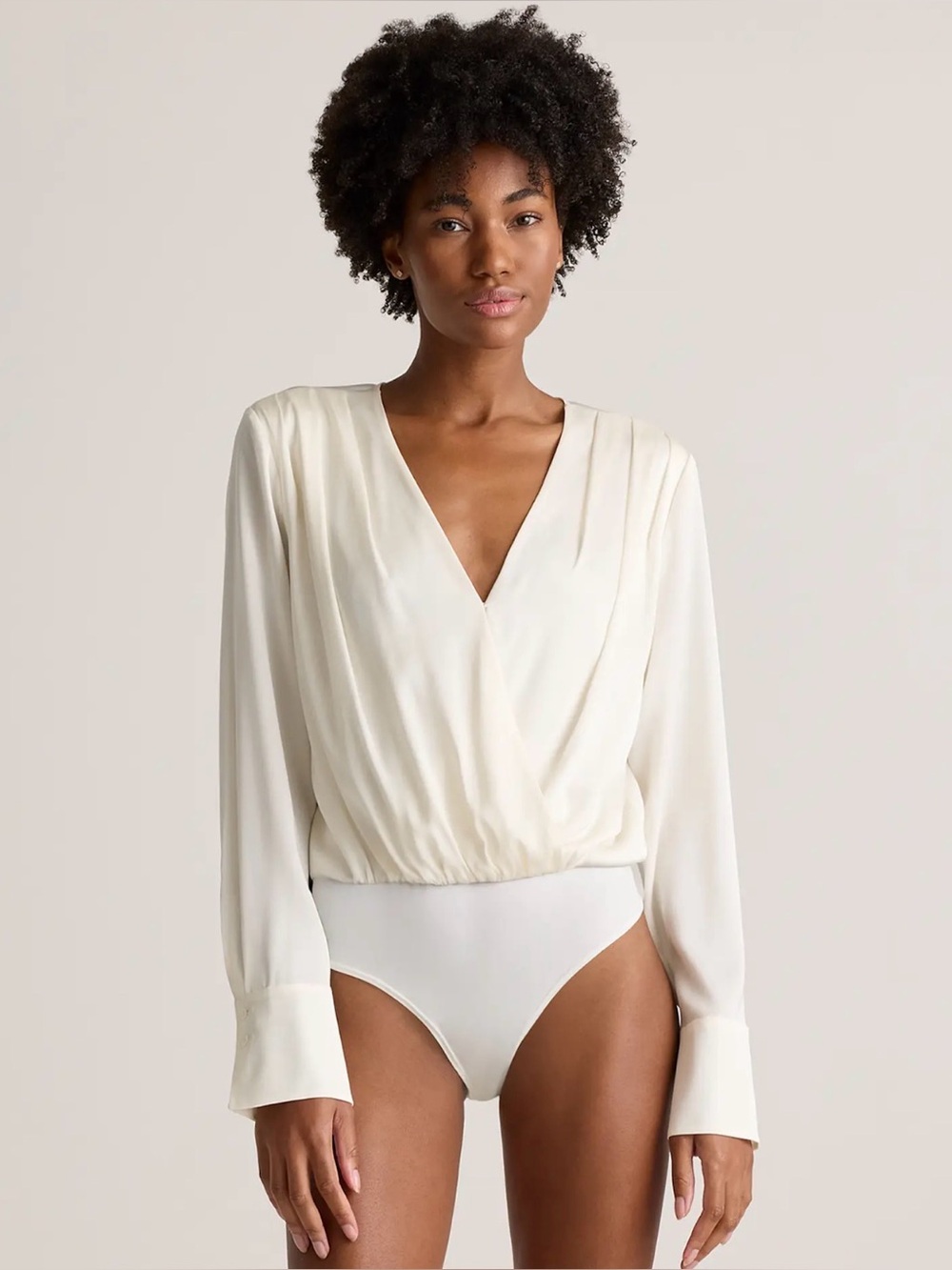 Quince Washable Stretch Silk Surplice Bodysuit in Ivory Size XS